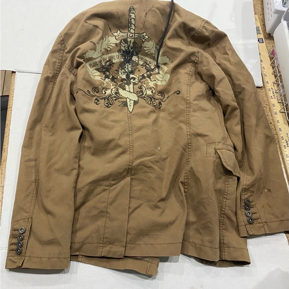 Express Mens Hooded Khaki/grey Zip Button Jacket Size Small - Picture 2 of 6